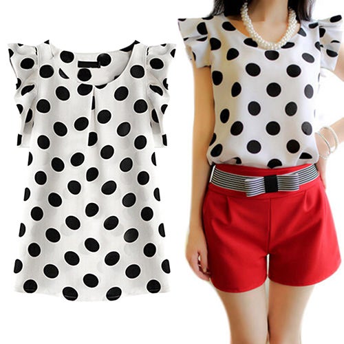 Women's Casual Polka Dot Chiffon Summer Short Sleeve Tops white  - Image 4