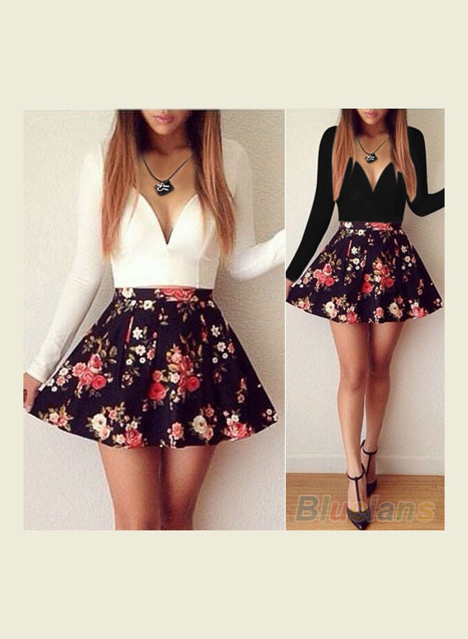 Fashion Women Summer Low Cut V-neck Long Sleeve Floral Print Mini Dress White - Image 3