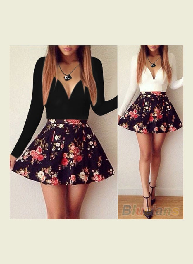 Fashion Women Summer Low Cut V-neck Long Sleeve Floral Print Mini Dress White - Image 4