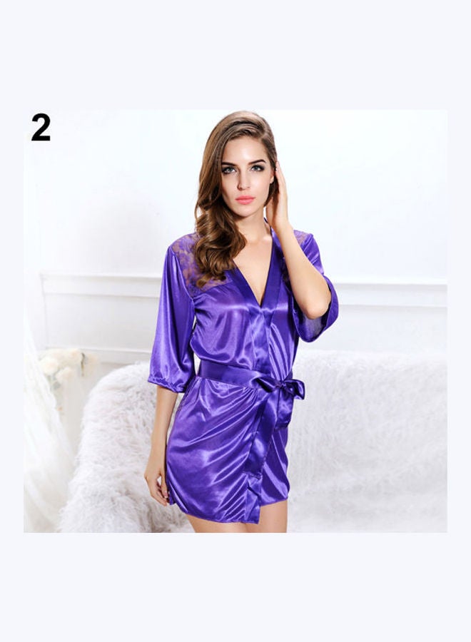 Women's Bow Knot See Through Floral Print Baby Doll Robe Sleepwear Nightdress Purple - Image 1