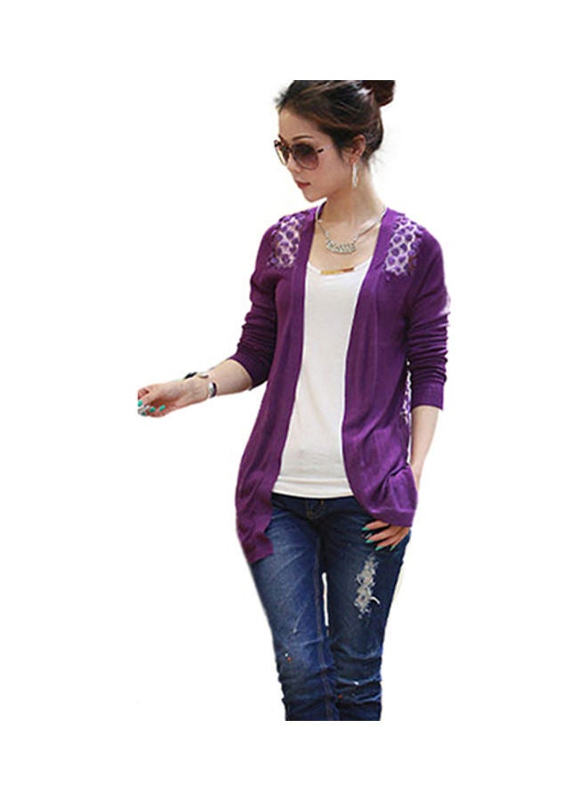 Women’s Lace Sweet Candy Colour Crochet Knit Blouse Top Coat Sweater Cardigan Purple  - Image 1
