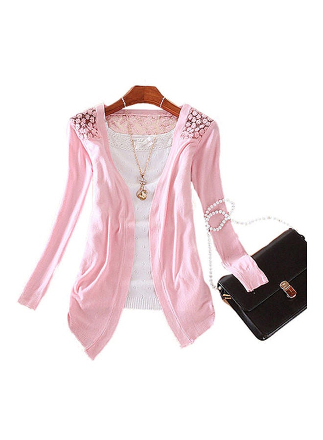 Women’s Lace Sweet Candy Colour Crochet Knit Blouse Top Coat Sweater Cardigan Pink  - Image 1