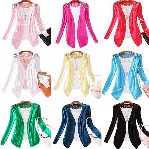 Women’s Lace Sweet Candy Colour Crochet Knit Blouse Top Coat Sweater Cardigan Pink  - Image 2