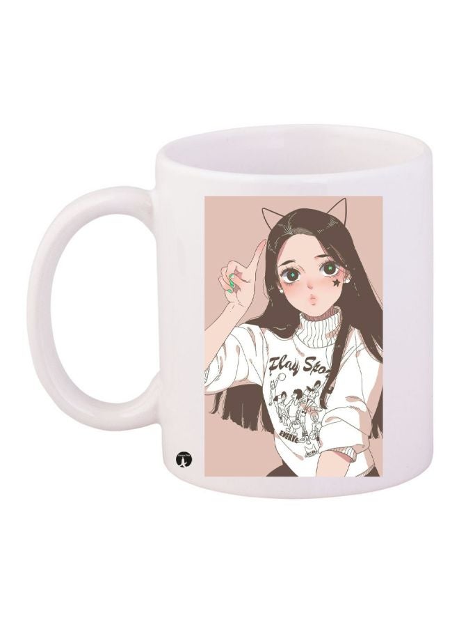 Cartoon Girl Printed Coffee Mug White/Pink/Brown