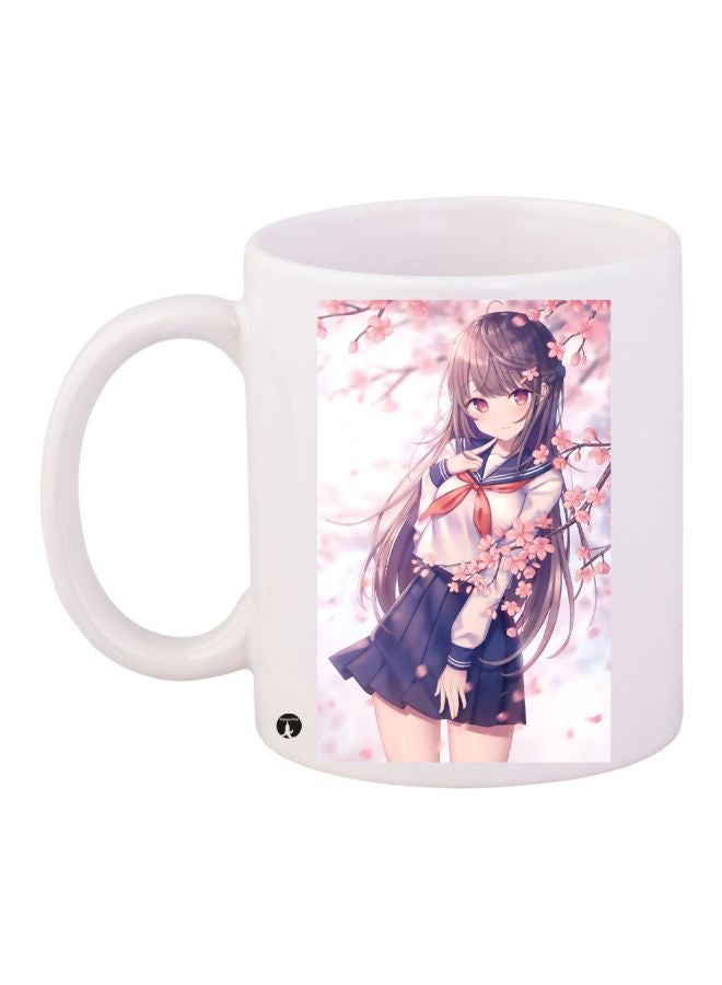 Anime School Girl Printed Coffee Mug White/Pink/Blue
