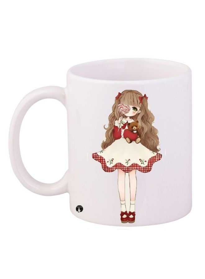 BP Girl With Teddy Bear Printed Coffee Mug White/Brown/Red