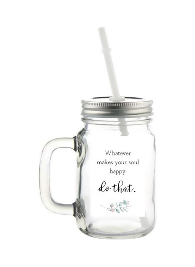 Quote Printed Mason Jar With Lid And Straw Clear/Black 420ml