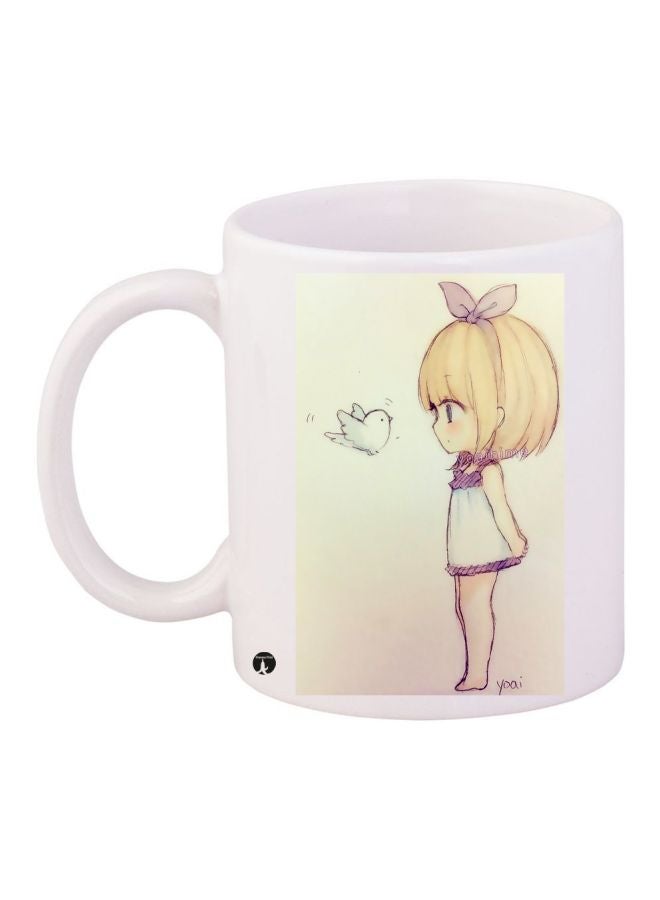 مج قهوة بطبعة رسومات كرتونية على شكل فتاة أبيض/ أصفر/ أرجواني