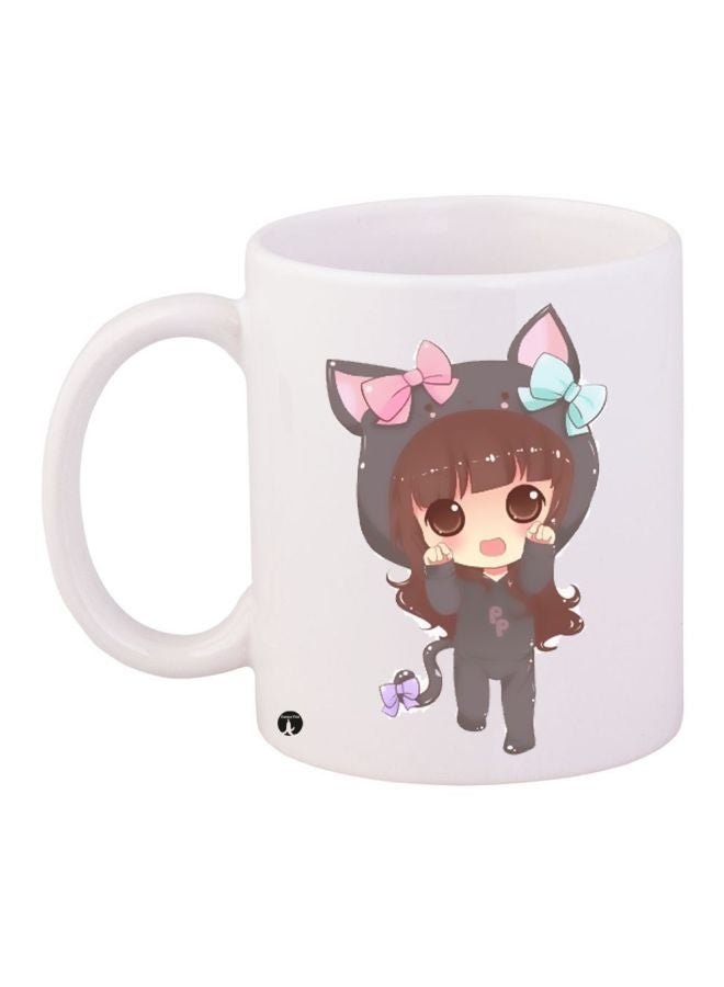 مج قهوة بطبعة رسومات كرتونية على شكل فتاة أبيض/ رمادي/ وردي