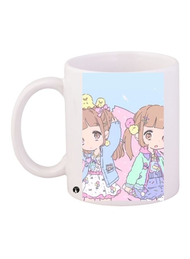 مج قهوة بطبعة رسومات كرتونية على شكل فتاة أبيض/أزرق/وردي