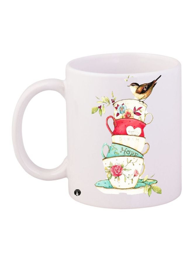 بي بي مج قهوة مطبوع عليه صورة عصفور وأكواب أبيض/أخضر/أحمر