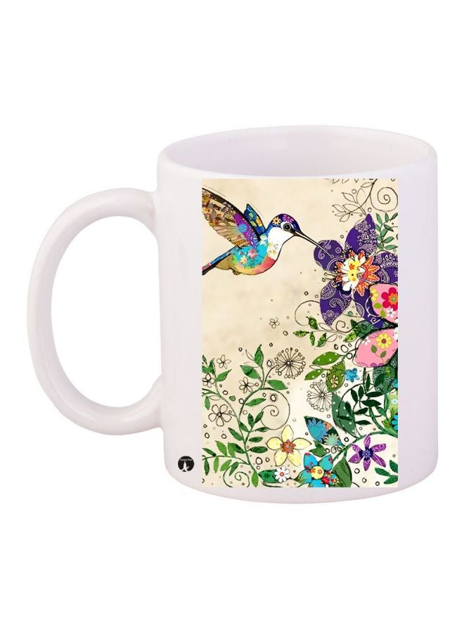 مج قهوة بطبعة على شكل زهور أبيض/ أخضر/ بيج