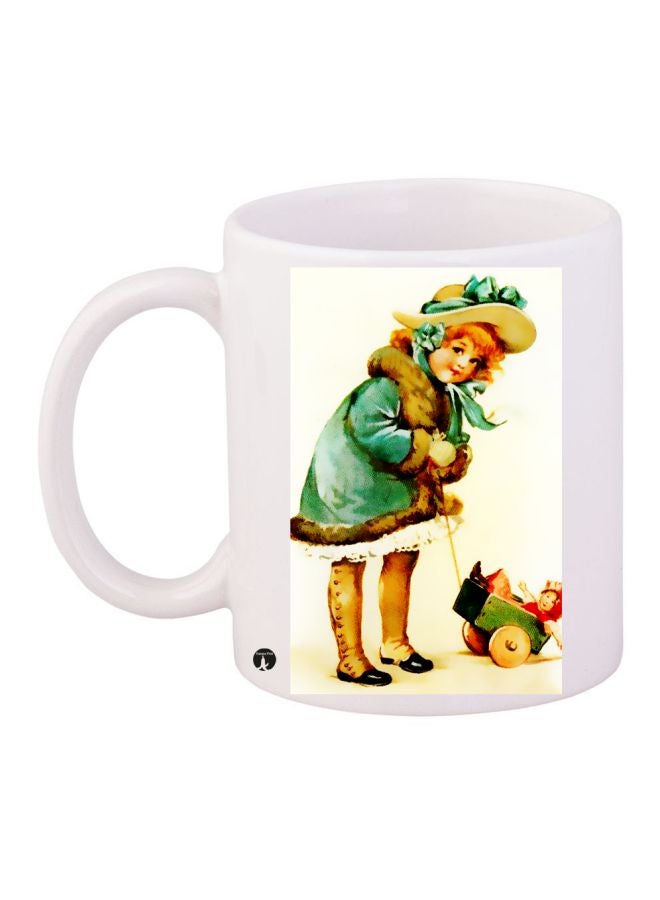 كوب قهوة مطبوع برسمة فتاة أبيض/ أخضر/ بيج