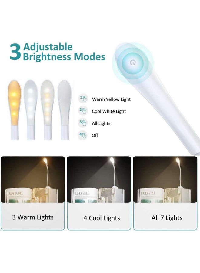 XiuWoo Babacom Reading Light, 360°Flexible Clip on Book Light, 7 LED 3-Level Brightness (Warm & Cool), USB Rechargeable, Touch Switch, Eye Care Mini Night Light for Reading in Desk, Table, Bed, Travel, etc. White - Image 2