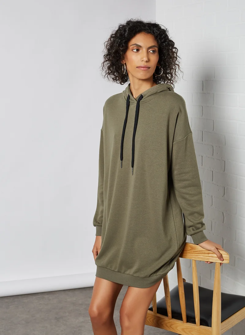 NOISY MAY Solid Drawstring Hooded Neck Mini Dress Kalamata