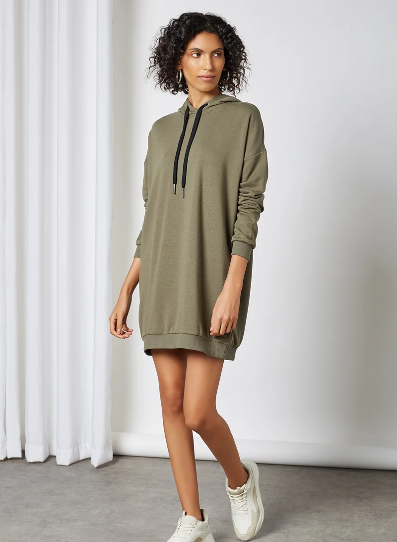 NOISY MAY Solid Drawstring Hooded Neck Mini Dress Kalamata