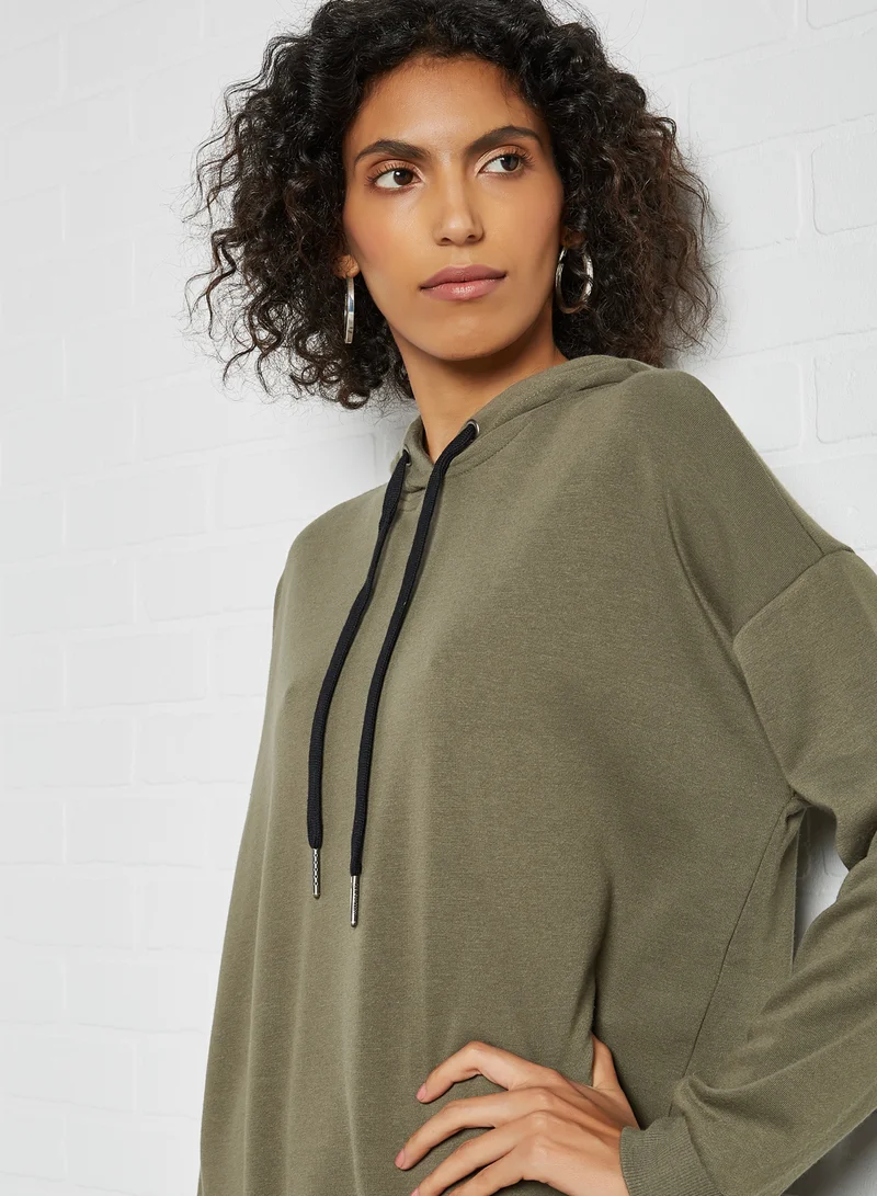 NOISY MAY Solid Drawstring Hooded Neck Mini Dress Kalamata