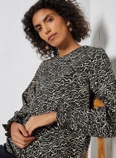 Shaggy Print Long Sleeve Blouse White/Black