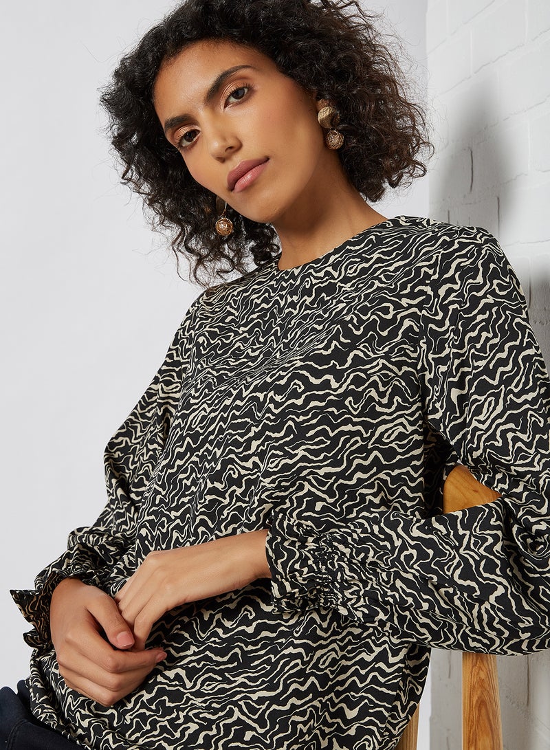 NOISY MAY - Shaggy Print Long Sleeve Blouse White/Black - Image 1