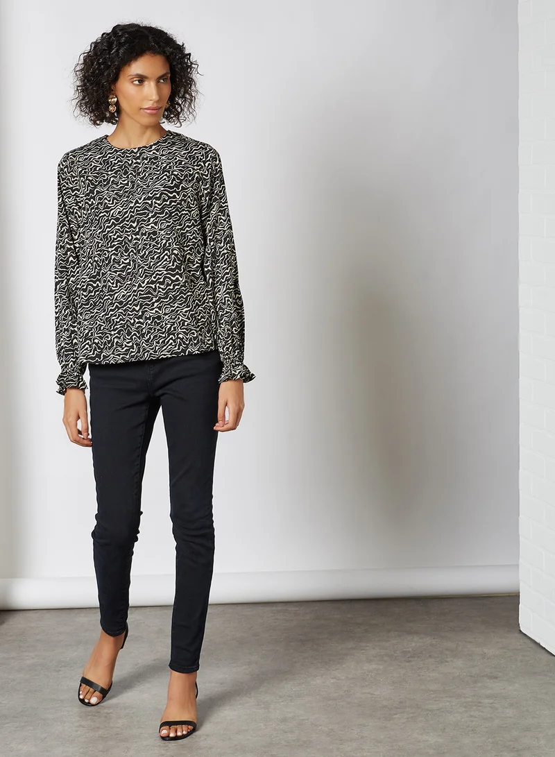 NOISY MAY Shaggy Print Long Sleeve Blouse White/Black