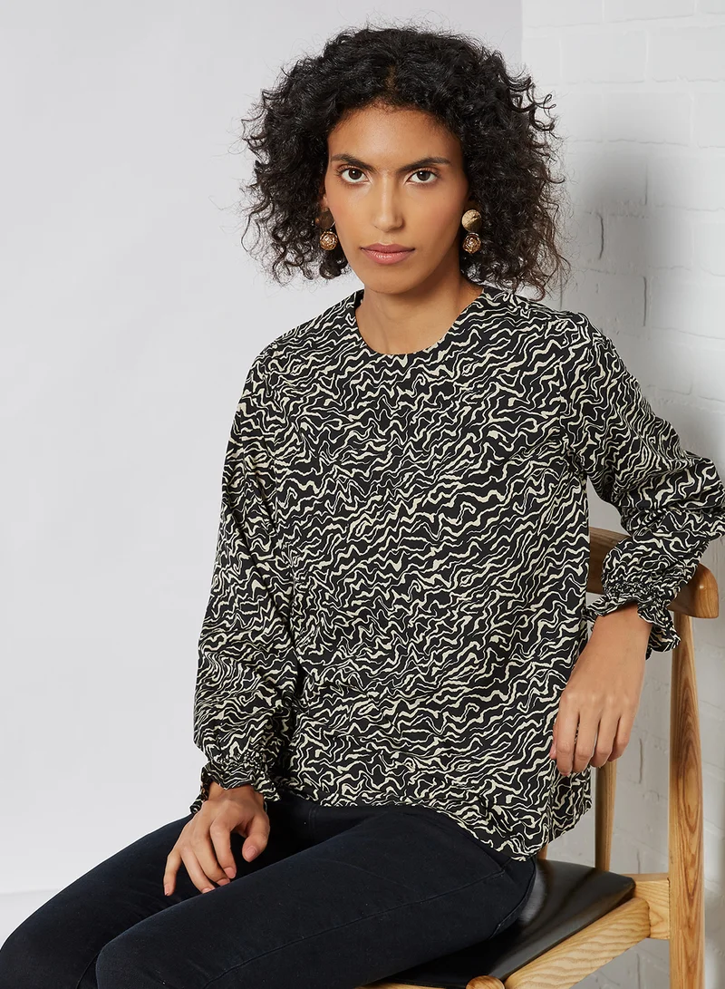 NOISY MAY Shaggy Print Long Sleeve Blouse White/Black