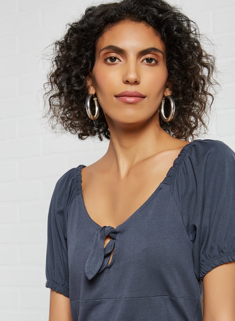 NOISY MAY - Solid Peasant Neck Mini Dress Ombre Blue Acid Wash - Image 1