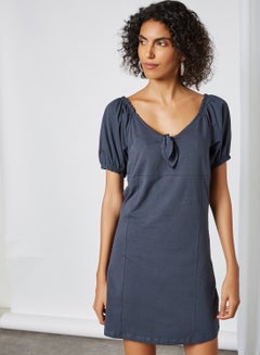Solid Peasant Neck Mini Dress Ombre Blue Acid Wash