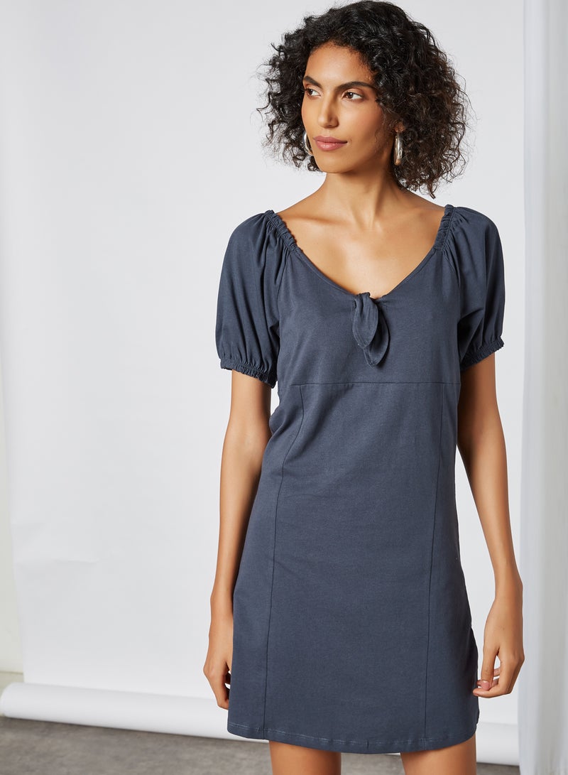 NOISY MAY - Solid Peasant Neck Mini Dress Ombre Blue Acid Wash - Image 1