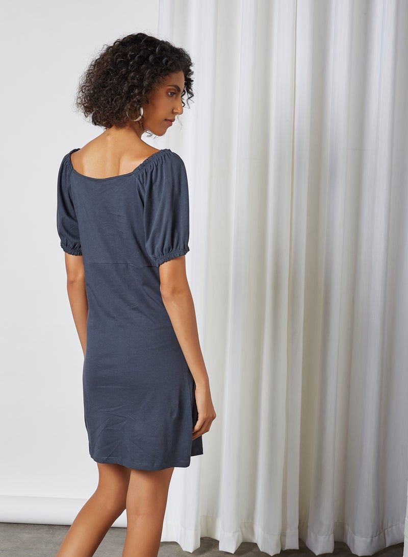 NOISY MAY - Solid Peasant Neck Mini Dress Ombre Blue Acid Wash - Image 1