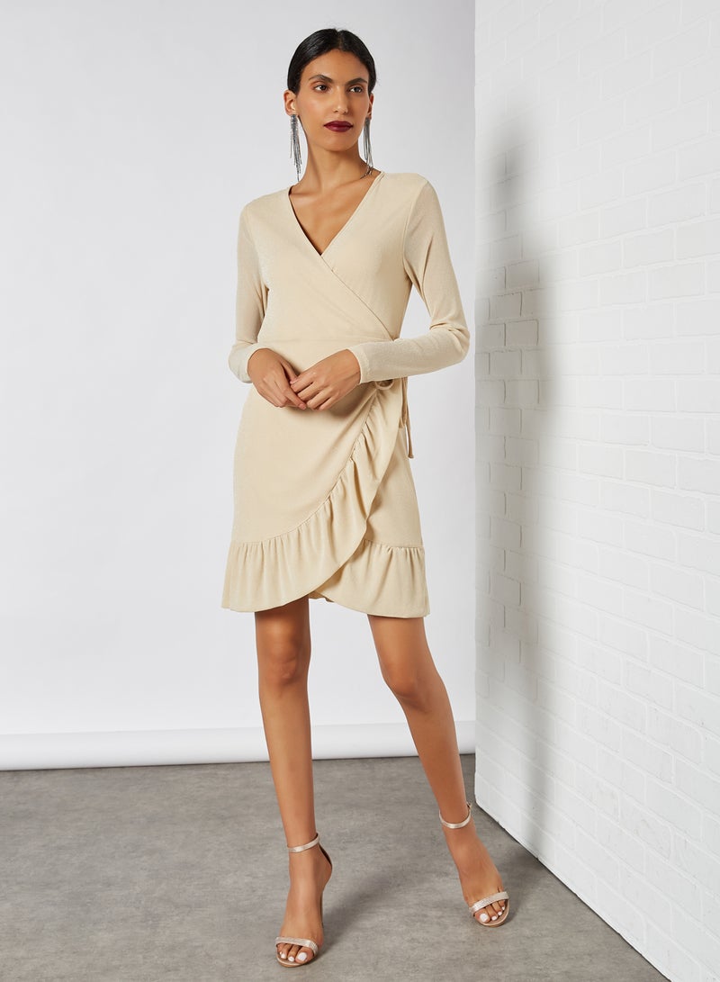 NOISY MAY Frill Wrap V-Neck Mini Dress Birch With Silver Lurex  - Image 3