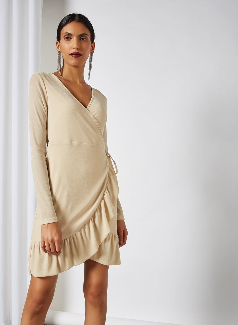 NOISY MAY Frill Wrap V-Neck Mini Dress Birch With Silver Lurex  - Image 1