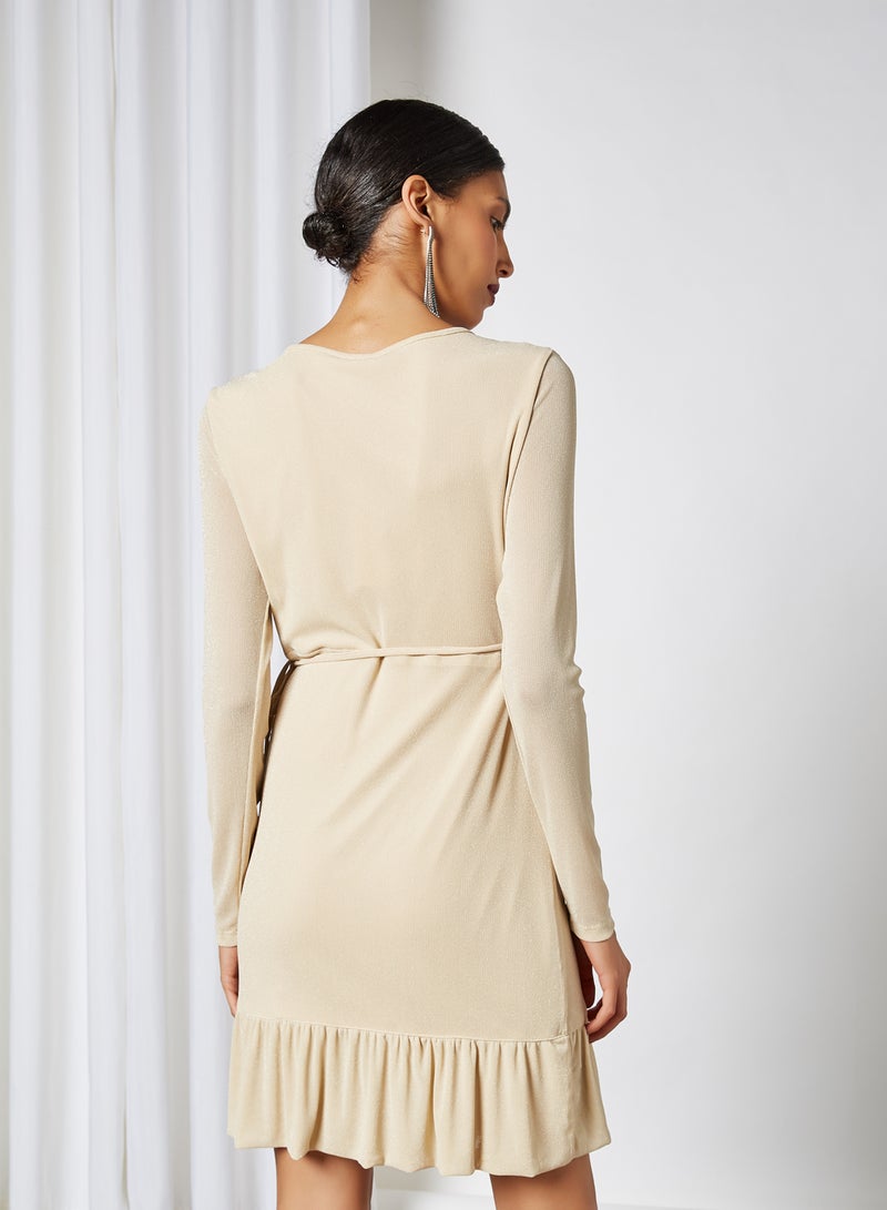 NOISY MAY Frill Wrap V-Neck Mini Dress Birch With Silver Lurex  - Image 2