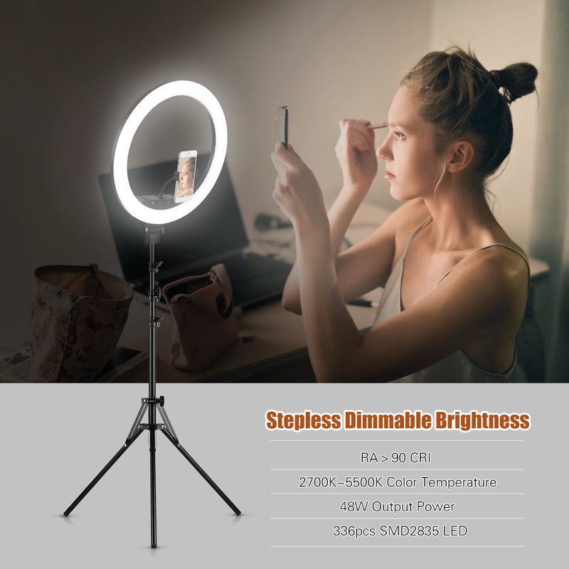 18 Inch 48W Dimmable Ring Shaped LED Light with Tripod Cell Phone Holder Black - Image 3