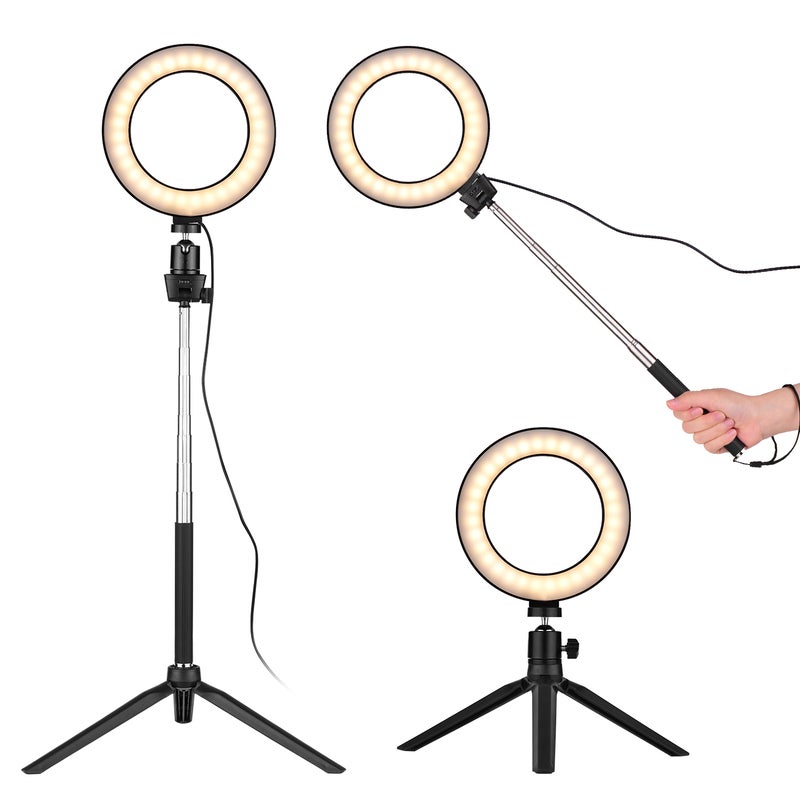 ماركة غير محددة - حلقة إضاءة LED صغيرة مقاس 6 بوصات مع حامل تلسكوبي أسود - Image 1