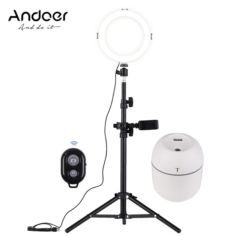 ANDOER 8 Inch LED Video Ring Light 3200-5600K Dimmable with Phone Holder Mini Humidifier Black - Image 1