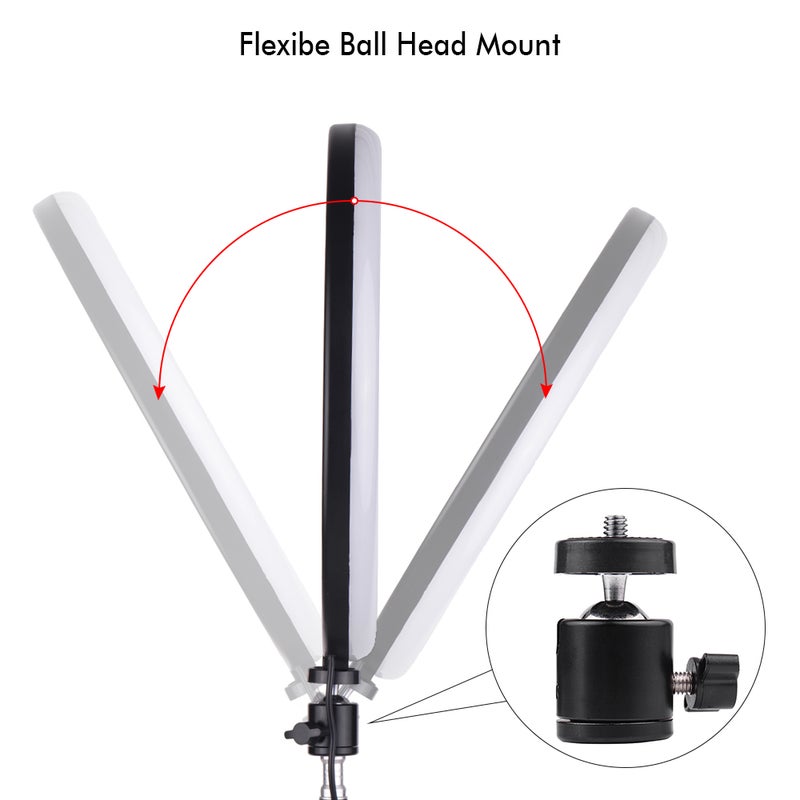 مصباح حلقي LED بحجم صغير مع مصباح تعبئة 24 وات قابل للتعتيم مع حامل للهاتف الذكي ورأسين كرويين - Image 4