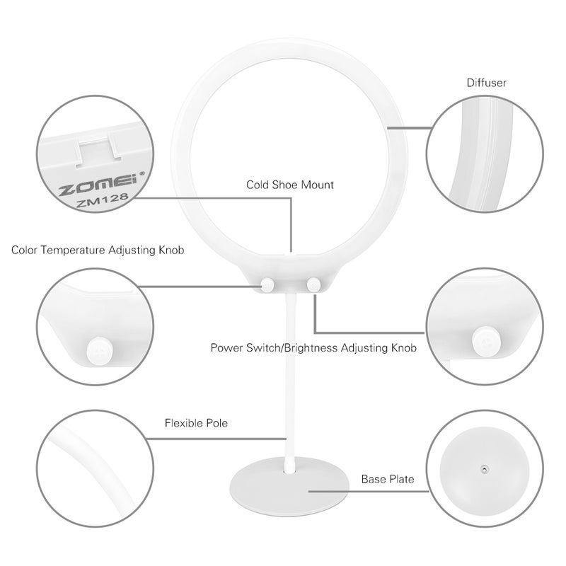 Zomei ZM128 Portable 128 LED Ring Light 3200K-5600K Bi-Colour with Mirror and Phone Clamp White  - Image 3
