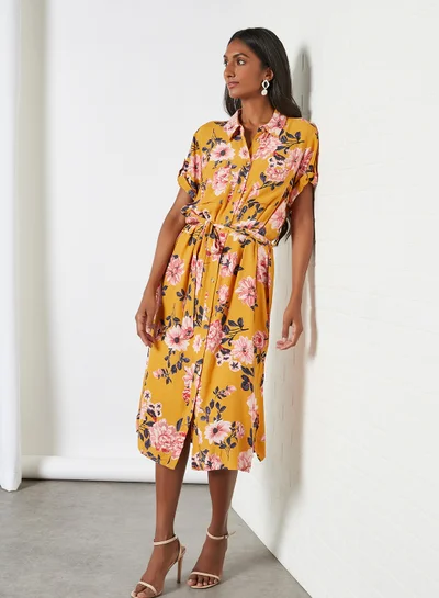 VERO MODA Floral Shirt Dress Buckthorn Brown