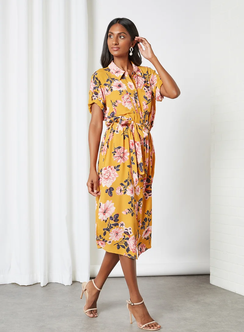 VERO MODA Floral Shirt Dress Buckthorn Brown