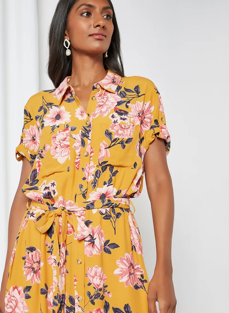 VERO MODA Floral Shirt Dress Buckthorn Brown