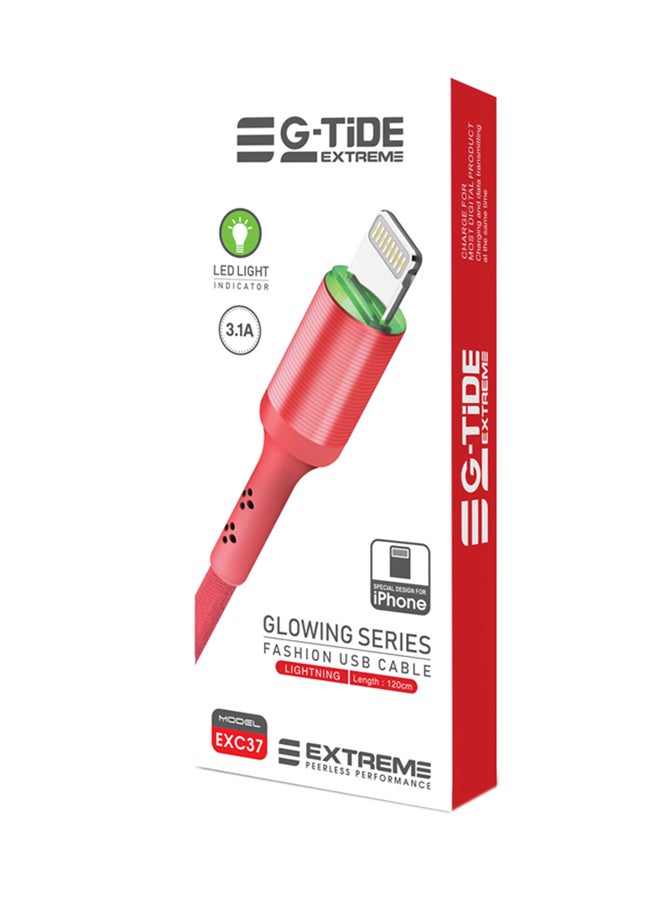 جي تايد إكستريم كابل شحن EXC37 Lightning بإضاءة LED من سلسلة جلوينج أحمر - Image 1