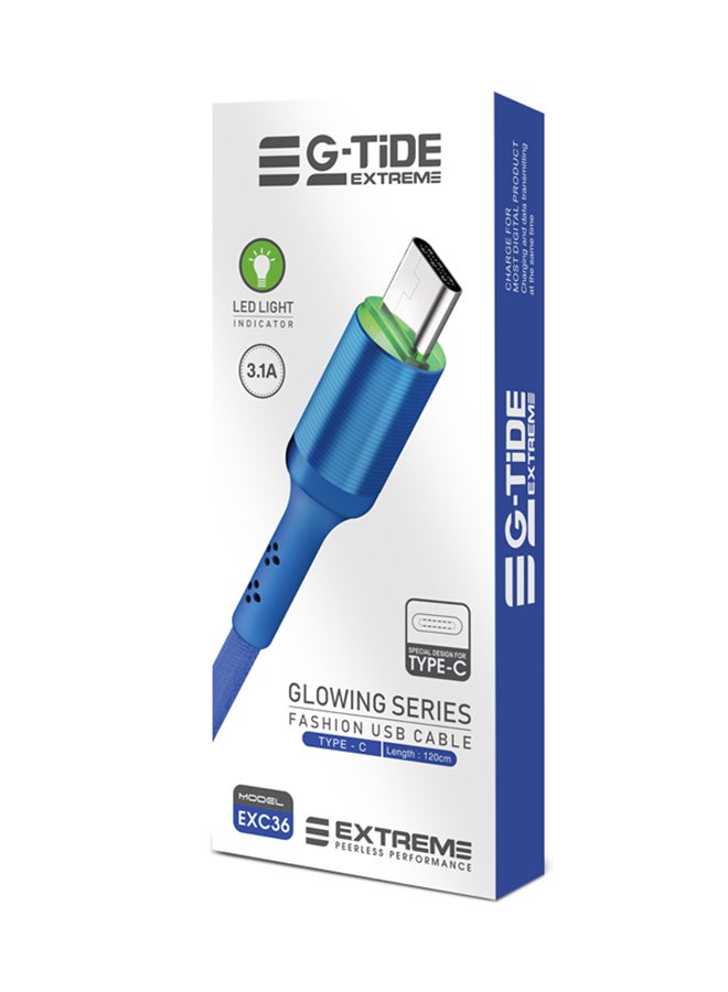 جي تايد إكستريم كابل شحن بمنفذ USB Type C مزود بإضاءة LED من سلسلة جلوينج طراز EXC36 أزرق - Image 1