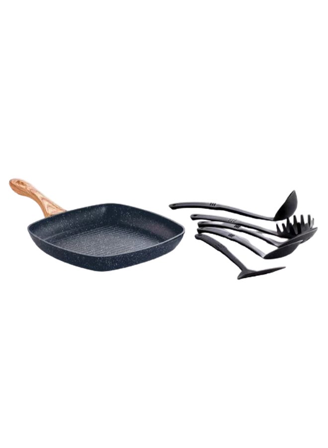 طقم أواني طهي من الألومنيوم المطلي بالجرانيت/الرخام مع أدوات مطبخ من 5 قطع Grill Pan Set متعدد الألوان