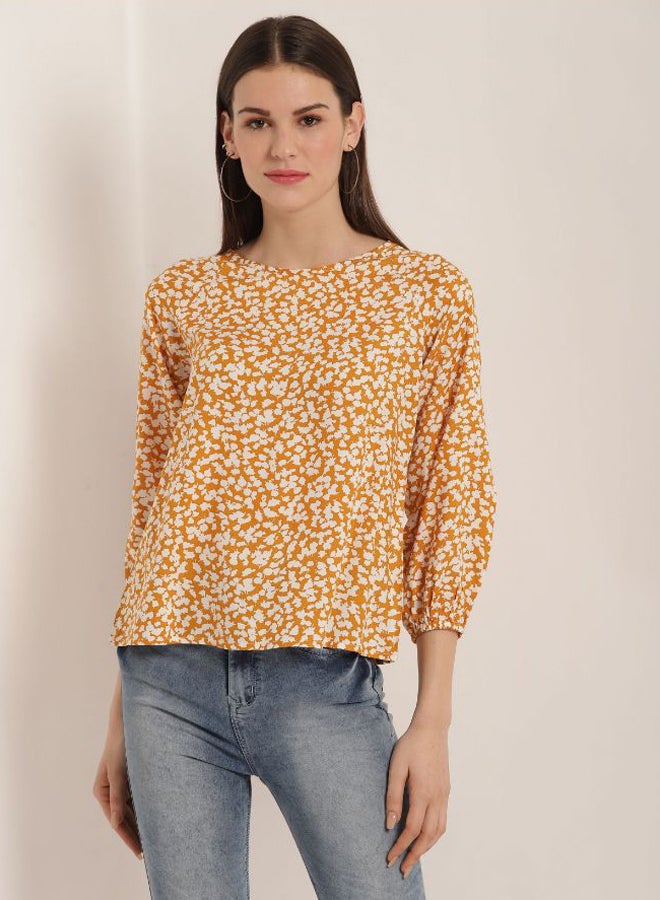 Aila Printed Three Quarter Sleeves Blouse Mustard/White - Image 1