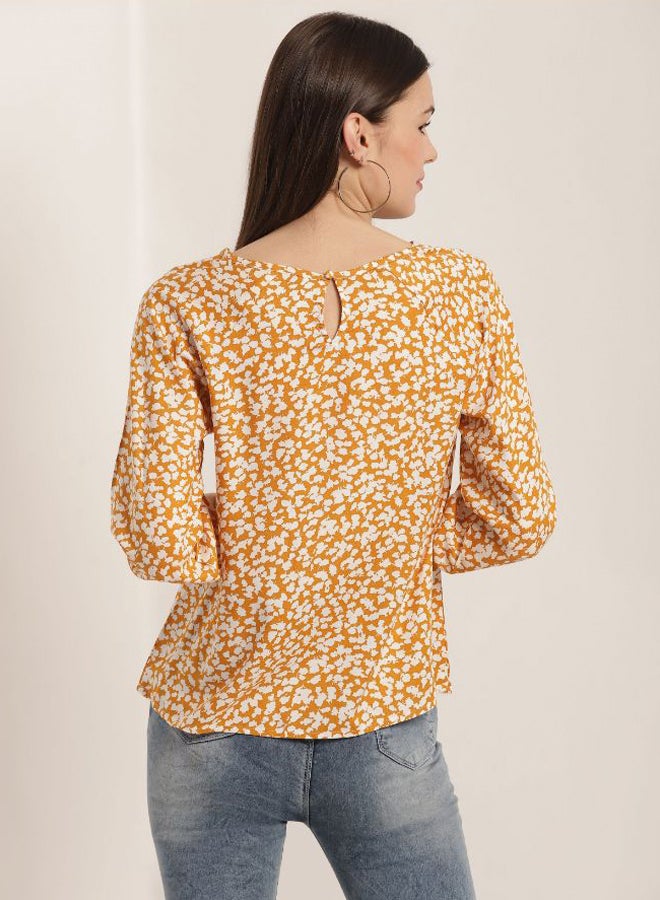 Aila Printed Three Quarter Sleeves Blouse Mustard/White - Image 2