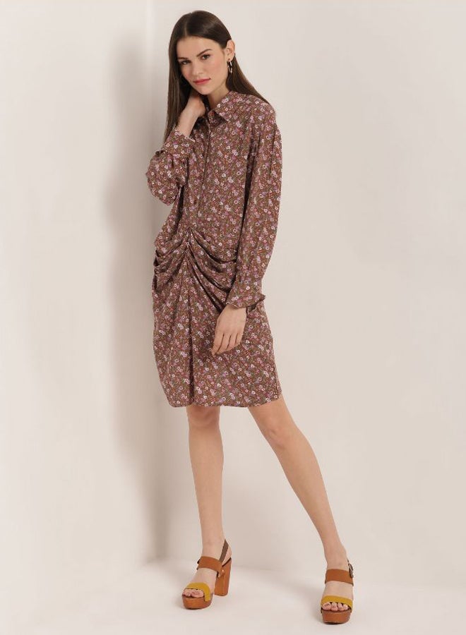 Aila - Printed Long Sleeves Shirt Dress Brown - Image 1