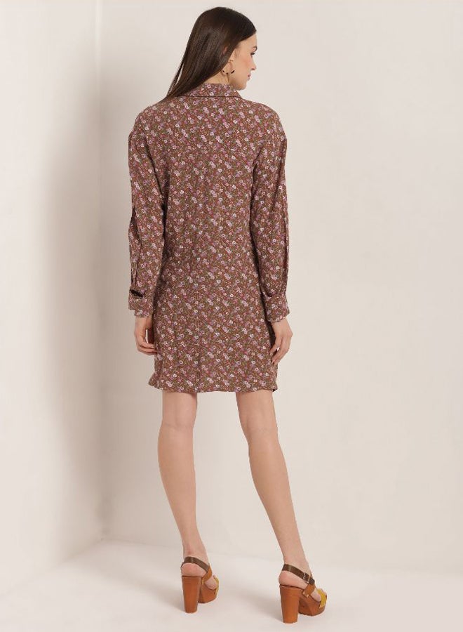 Aila - Printed Long Sleeves Shirt Dress Brown - Image 1