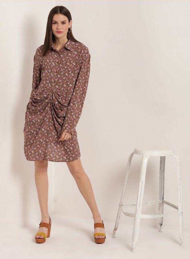 Aila - Printed Long Sleeves Shirt Dress Brown - Image 1