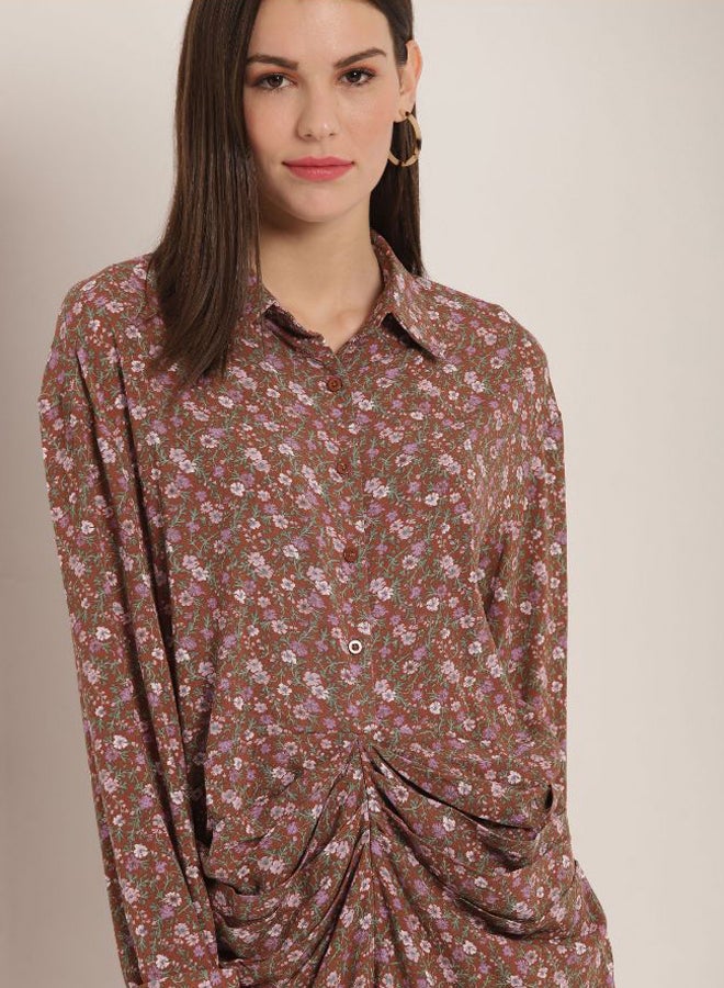 Aila - Printed Long Sleeves Shirt Dress Brown - Image 1