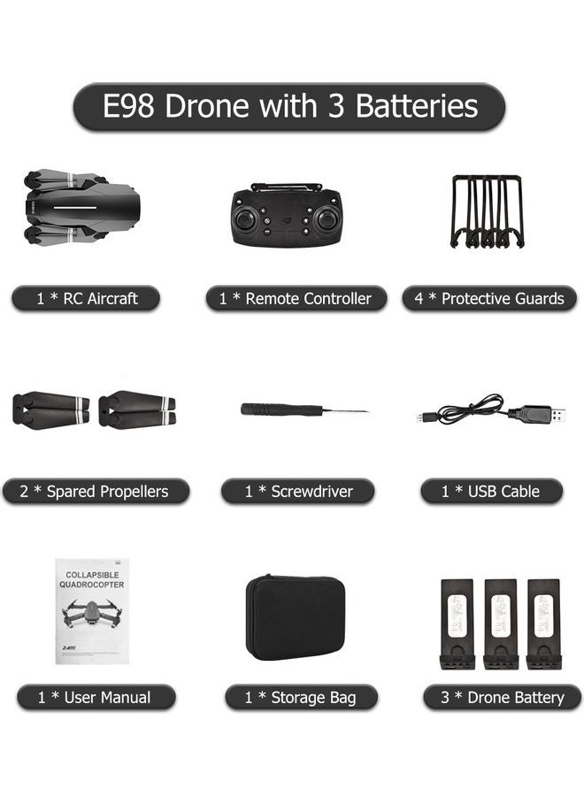 E98 RC Drone with Camera 4K Drone RC Quadcopter WiFi FPV Drone Headless Mode Altitude Hold Gesture Photo Track Flight 3D Filp Folding Drone 3 Battery Black 21.5*7.5*17cm